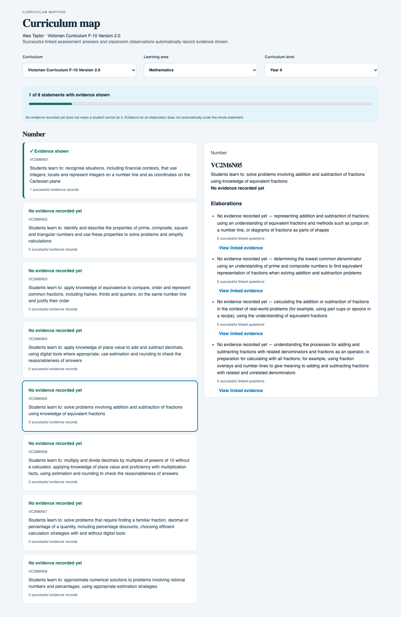 Year 6 curriculum map showing evidence recorded against statements and elaborations