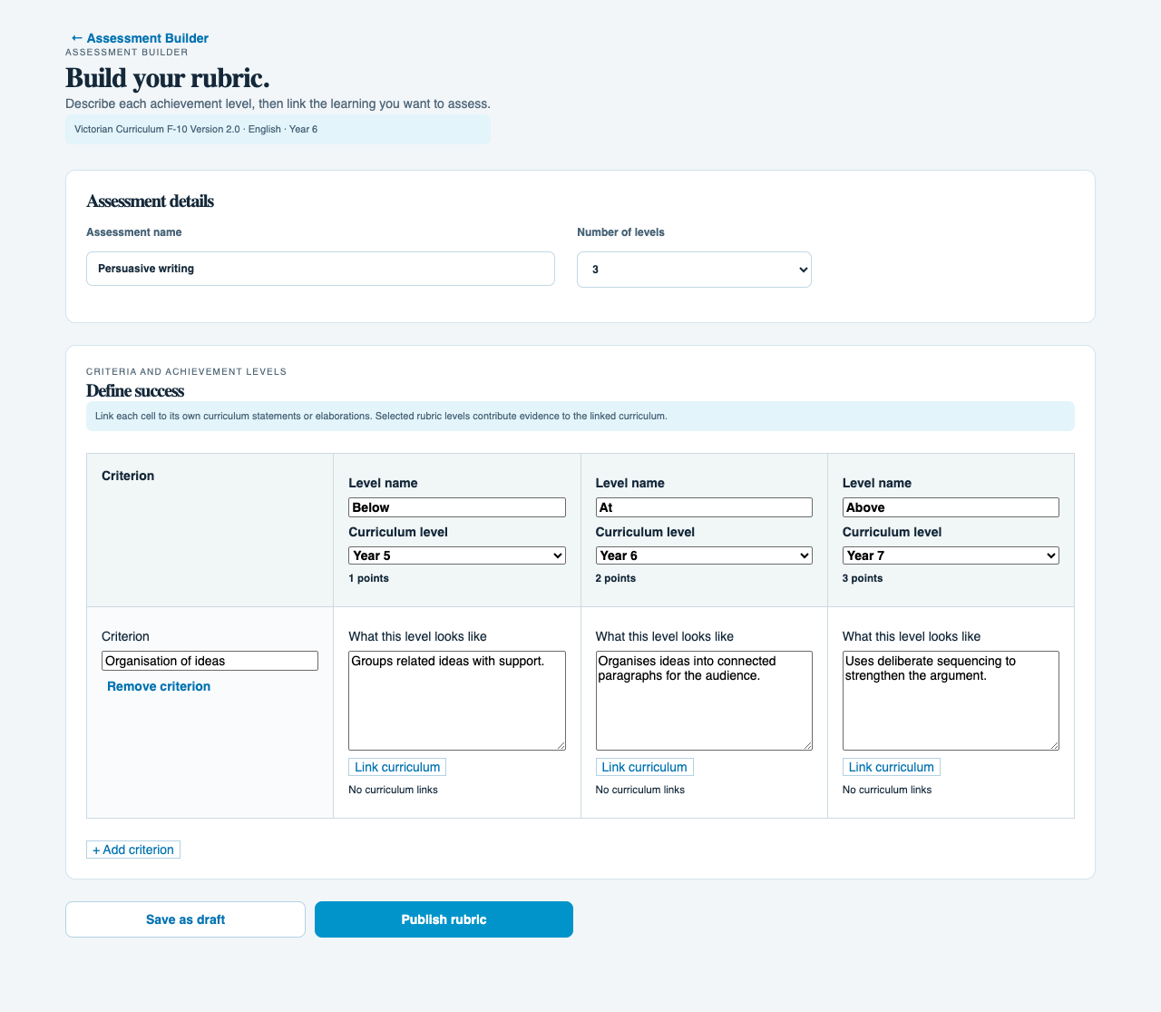 Arrow rubric builder with three achievement levels and a writing criterion
