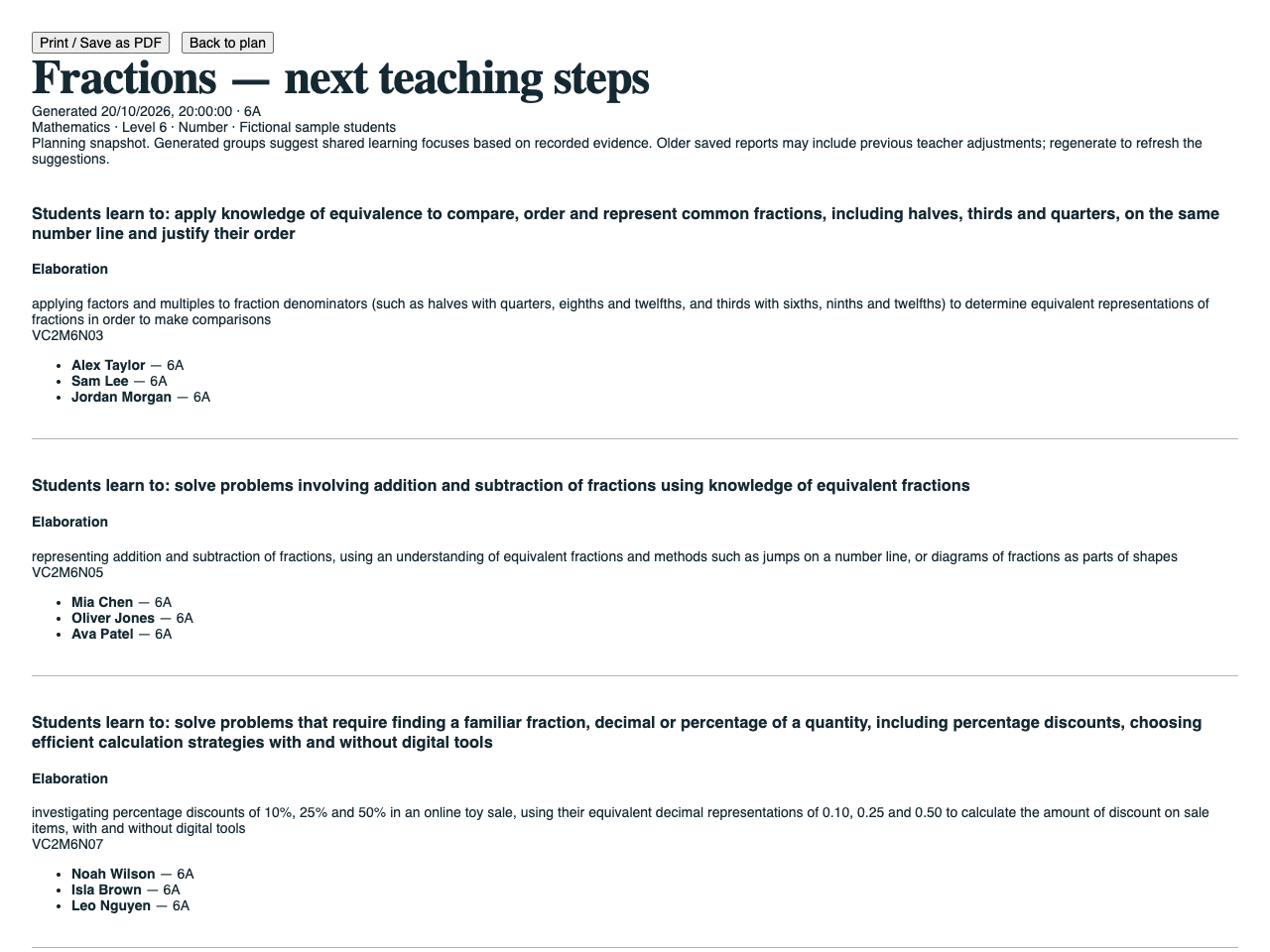 Teaching plan showing three groups of fictional students with different curriculum statements and elaboration focuses